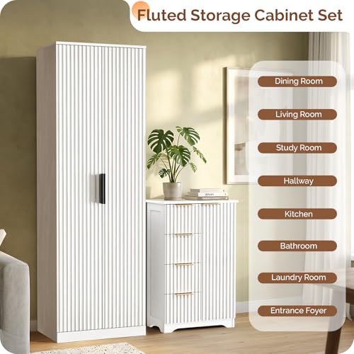 Image of VINGLI Fluted Sideboard Buffet Cabinet, Modern White Wood Storage Console with Doors and Drawers, Multi-Function Storage Cabinet for Living Room, Dining Room, Kitchen, White