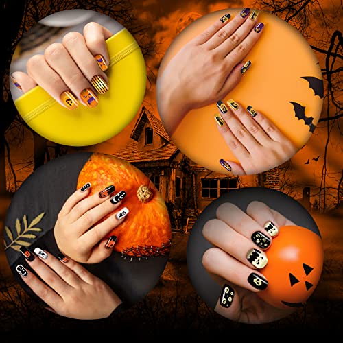 384 Pcs 16 Pack Halloween Press On Nails Halloween Short Fake Nails Square False Nails Plastic Artificial Nail Tips Full Cover Coffin With Ghost Pumpkin Spider Pattern For Women（Fresh Pattern） #TOP3