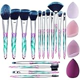 XMOSNZ Makeup Brushes 15pcs Make up Brushes Crystal Handle Highlighter Makeup Foundation Makeup Make Up Brush Sets Eyebrow Brush Professional with 4 Makeup Sponge (19 Piece Set, Lake Blue)