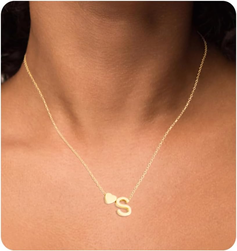 Initial Letter Necklace for Women with Tiny Heart Pendant Silver/Rose gold/Gold-Plated Stainless Steel Initials Chain Necklace A-Z Capital Jewellery Gifts for Teenage Girls 45+5cm