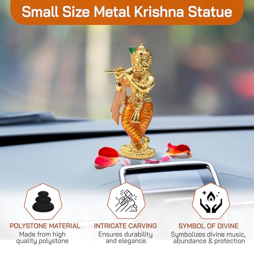 Estatua pequeña de Krishna de bronce con cristal y flauta miniatura 5