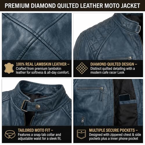 Image of Mens Vintage Retro Biker Cafe Racer Jackets - Diamond Quilted Style Genuine Leather Motorcycle Jacket