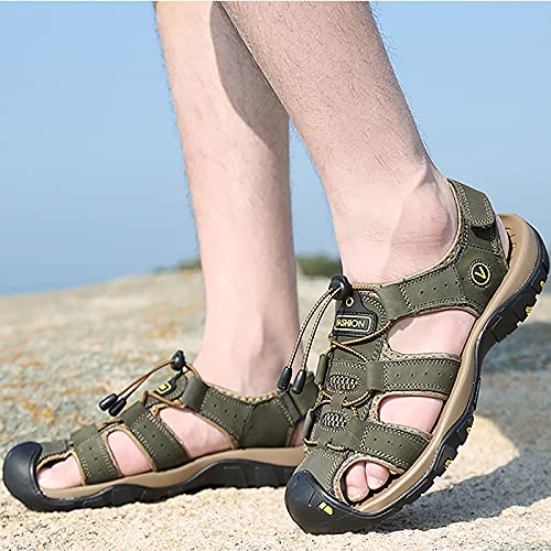 MILDSEVEN Hollow Out Men's Closed Toe Sandals, Fashion Real Leather Hiking Sandals, Large Size Backpacking Beach Shoes,7,Green4