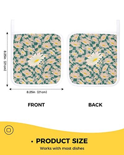 Spring Floral Pot Holders For Kitchen, Summer Daisy Botanical Rustic Green Checkered Pot Holder With Loop Trivet Heat Insulation Oven Mitts Hot Pads, Washable Potholders For Cooking Backing 2 Pack #TOP2