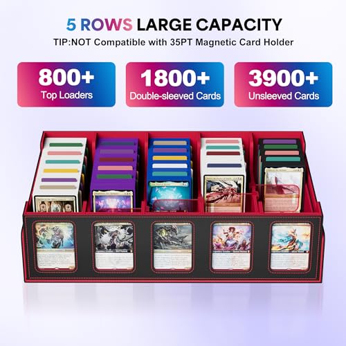 Image of UAONO Trading Card Storage Box with Commander Display;3900+ Card Box for MTG, Removable Cover; 5 Row Case fits MTG TCG Sports Cards 48 Dividers,5 Stoppers,5 Top Loaders,1 Dice Box(Black, Red)