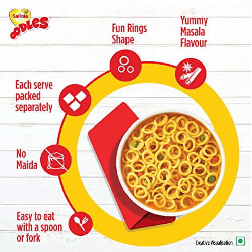 Image of Saffola Oodles, Instant Noodles, Ring Shape, Yummy Masala Flavour, No Maida, Whole Grain Oats, Snackpack Offer, Bowl and Spork, 14 x 53 Grams Pouch (14 Serves), Small