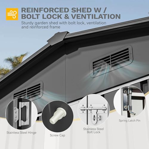 Image of DWVO 10x8FT Outdoor Storage Shed, Spacious Metal Tool Shed with Lockable Doors & Ventilation for Patio, Lawn, and Backyard, Ideal for Storing Garden Equipment, Lawnmowers, and Bicycles, Dark Gray