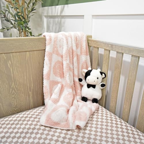 Image of L+L USA Checkered Smiley Face Baby Blanket 28 inchx40 inch - DreamSoft Knit Throw for Crib, Stroller or Car Seat Blanket /Newborn Nursery Gift Essential for Toddler, Infant, Kids, Boys & Girls (Pink /White)