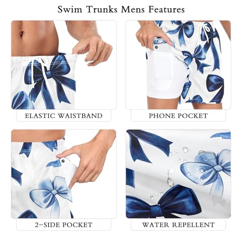 xigua Watercolor Blue Velvet Bows Mens Swim Trunks with Liner, 5 inch Quick Dry Mens Boardshorts for Beach3