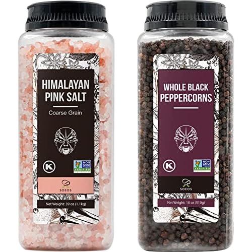 Soeos Himalayan Pink Salt 39 oz + Whole Black Peppercorns 18 oz, Coarse Grain, Kosher Salt for Grinder Refill, Salt and Pepper Grinder, Non-GMO Verified, Spice Seasoning Set for Cooking