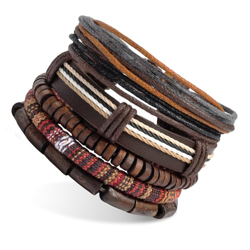 ACKKOR, Pack de 5 pulseras multicapa de cuero auténtico, brazaletes para hombre con cuentas de madera, estilo bohemio, diseño africano, joyería moderna para hombre