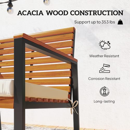 Outsunny Outdoor Rocking Chair Set of 2 Armrests Cream White | Acacia Wood Outdoor Rockers, Patio Wooden Rocking Chair Set, Cushion, Garden Balcony Porch, 353 lbs. Capacity — view 5