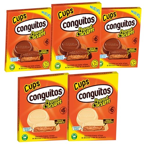 Conguitos cups pack 5 cajas de 6 Uds: 3 cajas chocolate con leche + 2 cajas chocolate blanco