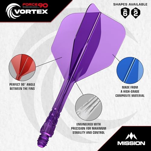 Mission Darts | Force 90 Vortex | Integrated Precision Moulded Dart Flight And Shaft System | Multiple Styles | Multiple Colours. (Standard No6 - Short, Clear Purple) - 2