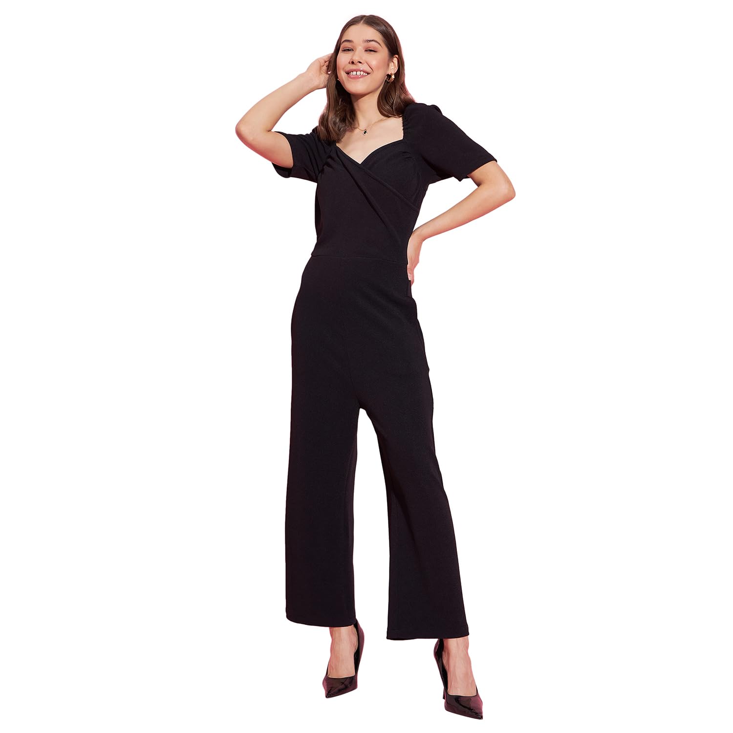 StyleStoneWomen's front Pleat Polyester Lycra Jumpsuit