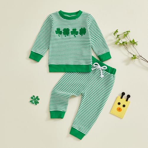 Image of Toddler Baby Boy St Patricks Day Outfit Infant Lucky Clover Sweatshirt Pants Set Little Kids Spring Warm Clothes