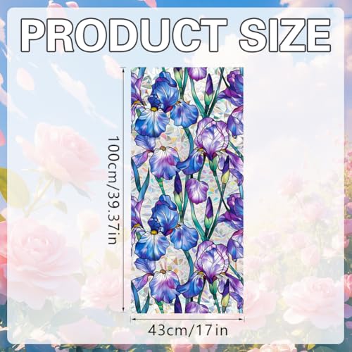 Image of JOONOR Purple Iris Flowers Sunroof Film Floral Rainbow Effect Static Clings Window Privacy Film Sun Protection Stained Glass Decals for Car Moonroof & Side Windows, 17.72 x 35.43 Inch