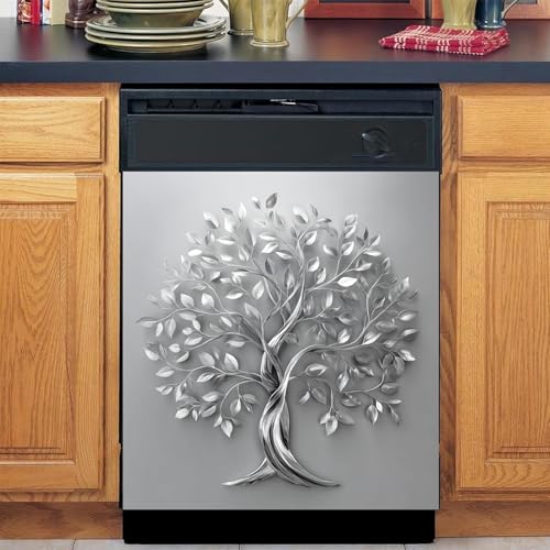 Image of BVBOX Dishwasher Magnet Cover 23 inchx26 inch, Reusable Magnetic Refrigerator Covers, Decorative Magnets Cover Fridge Door Skin Panel Stickers for Home Kitchen Appliance (Silver Tree of Life, 23 inchx26 inch)