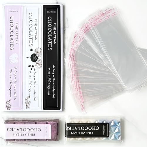 HKNMTT Chocolate Bar Wrappers 190PCS Set - Includes 100pcs 2.4" x 6.7" Clear Plastic Candy Bar Packaging and 90pcs Chocolate Stickers - Self Adhesive Plastic Bags Perfect for DIY Candy Bar Gifts