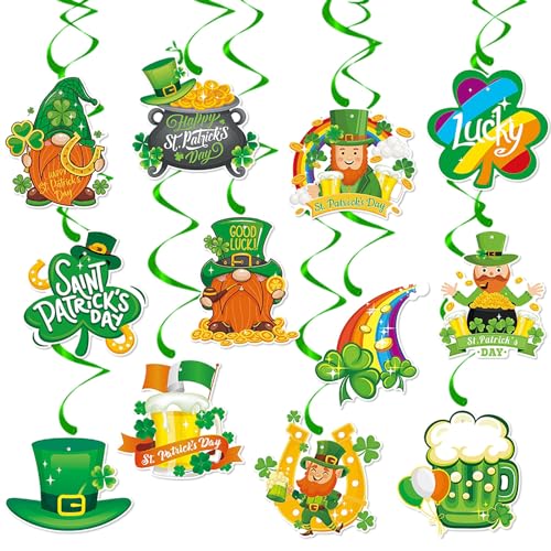 St-Saint Patricks-Day Party Decorations Garland Streamers - 12Pcs Green Banner Decor Shamrock Gonme Hat Hanging Swirl,Baby Shower Birthday Irish Lucky Party Supplies Hugtmr