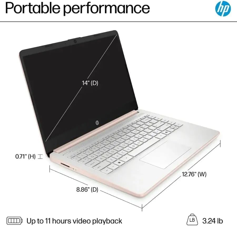 Image of HP 14 inch LED Business &Student Laptop with 1-Year Office 365, 4GB RAM 640GB Storage (128GB UFS + 512GB SD Card), Intel Quad-Core N150 Processor, Windows 11 S, PLUSERA Earphones, Rose Gold