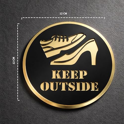 Image of Keep Outside Round Acrylic Signage Sticker - Self-Adhesive Instruction Sign for Office, Storefront, Business & Shop - Premium Black Gold Label for Glass & Smooth Surfaces