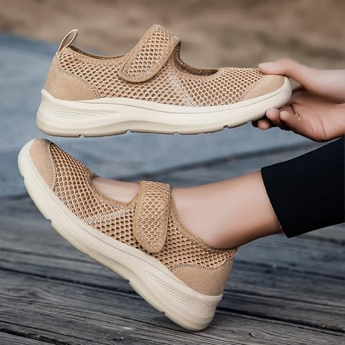 NEKGNL Women's Breathable Mesh Mary Jane Walking Shoes Adjustable Hook and Loop Lightweight Nurse Work Flats Daily Non-Slip Mom Casual Shoes (Beige,11) by NEKGNL - Used condition - Image 7