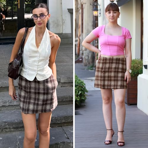 EXLURA Womens Faux Wool Plaid Mini Skirts Fall Winter Bodycon Skirt Pockets - image 2
