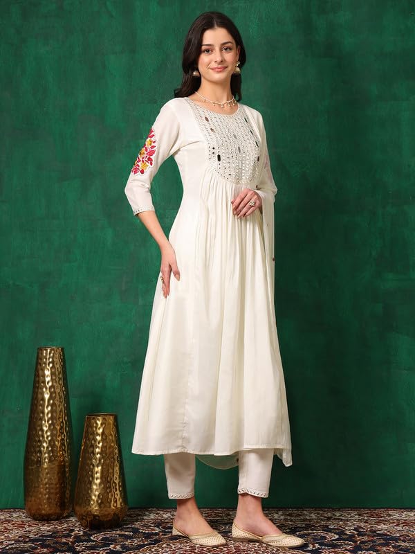 Image of NIVANA Stylish Womens Mirror Embroidered Kurta with Pant & Embroidered Dupatta | Lightweight & Breathable | Ethnic Traditional Outfit for Womens & Girls (White,S)