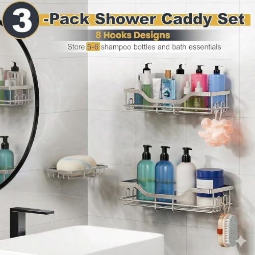 Image of OMAIRA 3-Pack Shower Caddy with Soap Holder, Adhesive Rustproof No-drill Strudy Loading Inside Shower Organizer Shelves Rack Storage Bathroom Organization for Smooth Wall Glass Tile, Black (XX-Large)