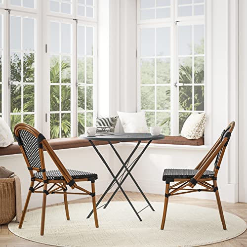 Image of Flash Furniture Bordeaux Set of 2 Indoor /Outdoor Commercial Bistro Stack Chairs - Black /White PE Rattan Back and Seat - Natural Bamboo Print Aluminum Frame