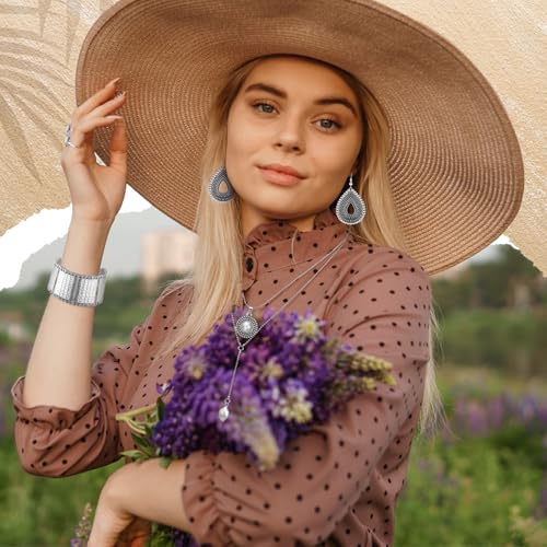 Image of Ecally Bohemian Western Jewelry Turquoise Set Women Country Pendant Long Choker Layered Bracelets Earrings Ring for Women