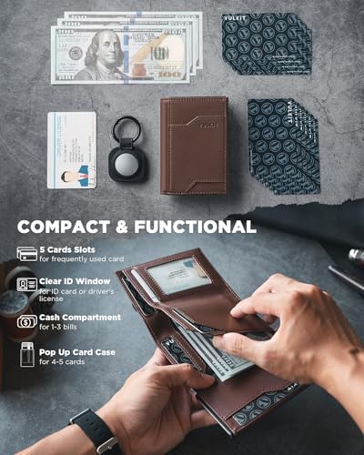 Image of VULKIT Pop up Card Wallet with AirTag Holder RFID Blocking Credit Card Holder with Banknote Compartment & ID Window for Men(Espresso)