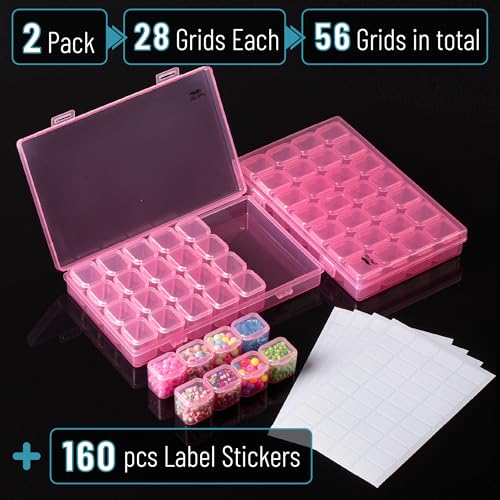 Image of Mr. Pen- Bead Storage Containers, 28 Grids, 2 Pack, Transparent Pink | 160 pcs Label Stickers, Transparent, Small Bead Organizer Box, Diamond Art, Diamond Painting Organizer