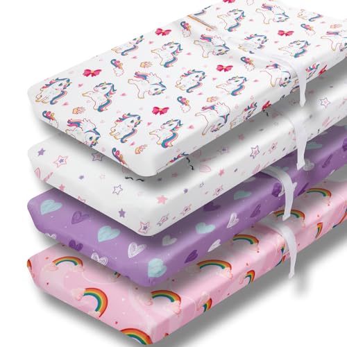 Image of 4 Pack Soft Baby Girl Changing Pad Cover Sheets for Chaning Pad Unicron Rainbow Heart Cute Neutral Polyester Unisex Fitted Changing Pad Cover Sheets Set for Baby Girls