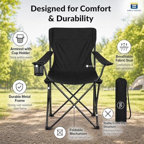 Image of BTAG Foldable Camping Chair with Armrest & Cup Holder, Portable Outdoor Chair with Carry Bag for Camping, Picnic, Fishing & Travel - Black
