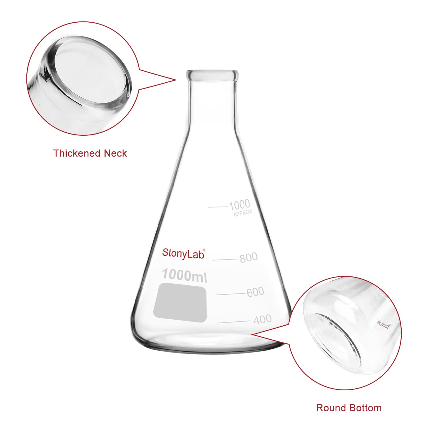 stonylab Erlenmeyer Boccette, 2 opakowania 1000 ml wąskie usta laboratoryjna szklanka borokrzemowa