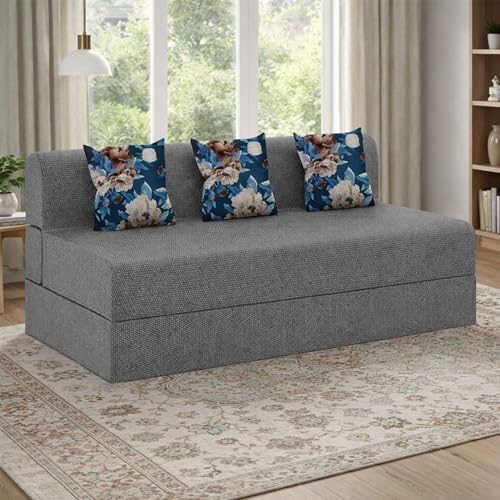 Image of Foldable Three Seater Sofa Bed 5 X 6 Ft Jute Fabric Washable Cover Sofa Cum Bed with Cushions Convertible Sofa Bed for Home (Grey Color - Pre-Assembled)