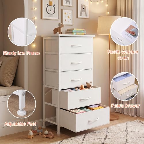 Image of Fixwal White Tall Skinny Dresser for Bedroom, Narrow Storage Dresser Organizer with 5 Fabric Drawers, Nightstand Furniture in Closet, Entryway, Hallway