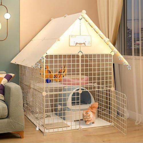 Tyoksi猫ケージ、猫 ケージ トイレ付き、お手入れ簡単,大型運動場 ,キャットヴィラ (2*2*2+屋根,ホワイトケージ + 取り付けツール)
