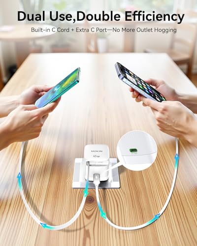 Image of USB-C Charger Block, 45W GaN 2 Port Fast Charging w /Built-in Retractable C Cable & Foldable Plug, PD /PPS for iPhone 16Pro Max /16 /Pixel 9 pro /Galaxy /iPad /MacBook (White)