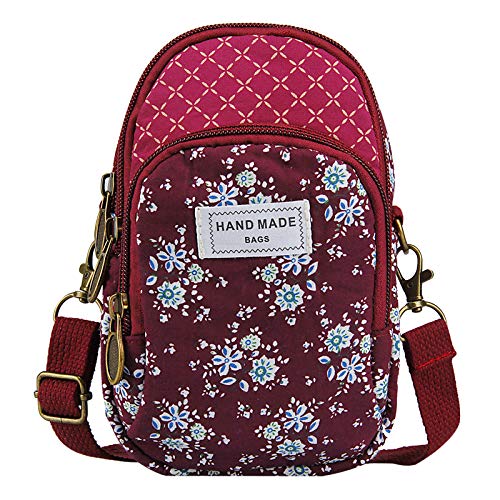 Small Cell Phone Purse, Techcircle Canvas Floral Crossbody Bag Zip Pouch Wallet for iPhone, Galaxy Z Flip Z Fold, OnePlus Nord, AirPods, Burgundy
