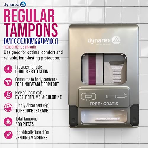 Image of Dynarex Regular Tampons - Feminine Hygiene Product in Cardboard Tubes for Restroom Vending and Dispenser Machines - 6 Hours Protection 500Pcs. Per Box