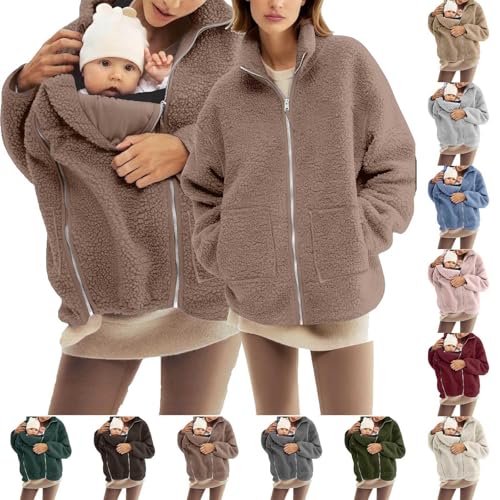 DeHolifer Plüsch Jacke Damen Umstandsjacke mit Babytasche Winterjacke