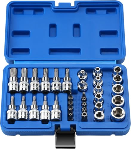 Noosverl 34-Piece Torx and HEX Socket Set With Storage Box - 3/8" E-Socket, Torx Bits, 5/16" Bits and Square Adapter T10-T60 for Cars