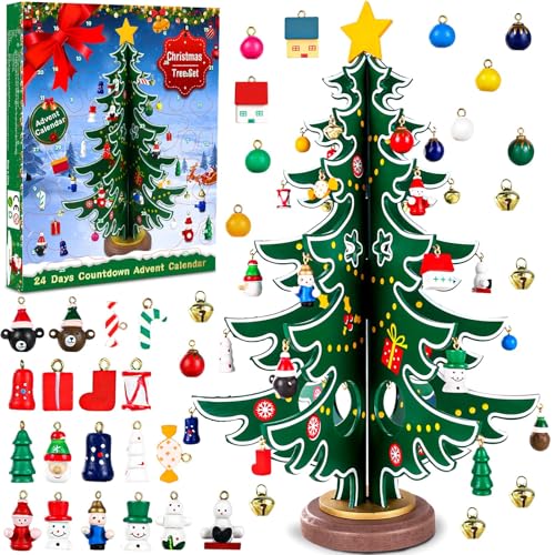 Adventskalender 2025 Hölzerner Weihnachtsbaum mit 36 Ornamenten 24...