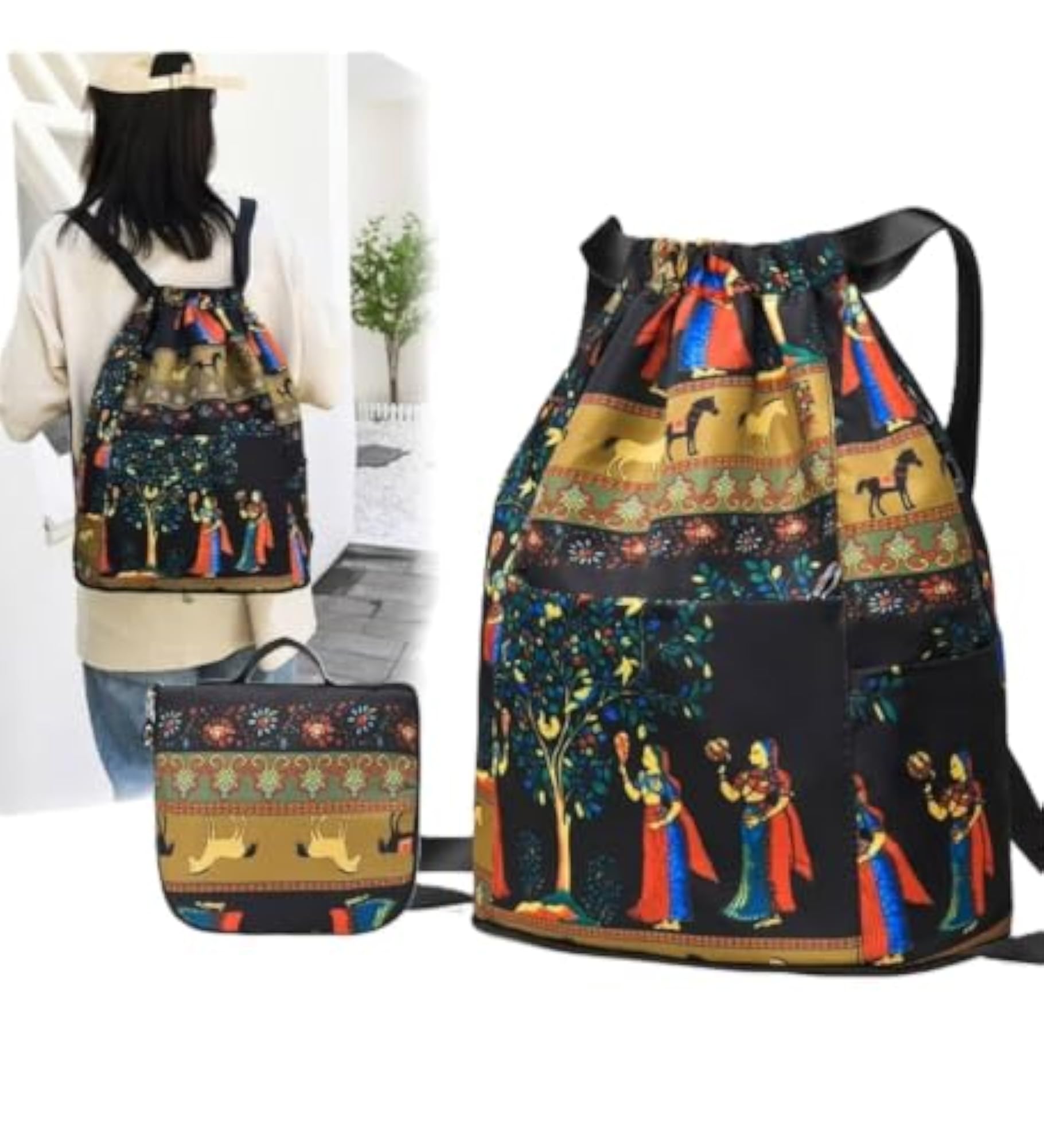 Printed Drawstring Backpack with Pouch