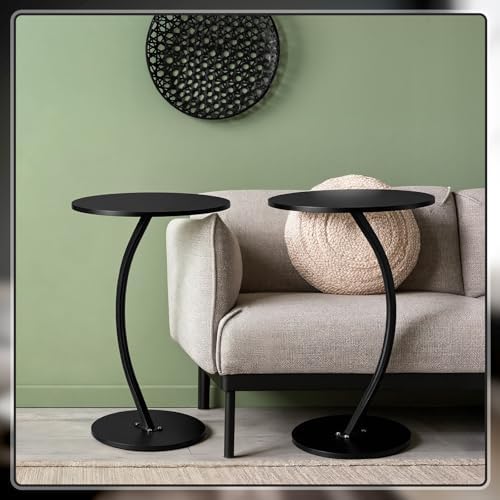 Geelin 2 Pcs C Shaped Drink Table Round Side End Table for Sofa Small Pedestal Wood Martini Tables with Metal Frame for Couch Living Room Bedroom Bedside Area