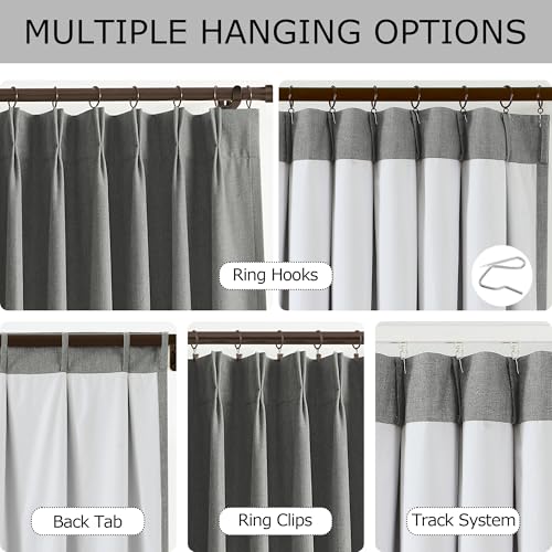 Image of Vision Home Pinch Pleated Dark Grey Blackout Curtains 102 inch Linen Blended Room Darkening Drapes with Thermal Insulation & Back Tab Hooks for Bedroom Living Room, 40 inch Wx102 L 2 Panels