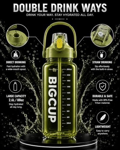 Image of Plastic Big Water Bottle 2.6 Liter with Straw Clear Motivational Time Marker Drink XL Jug with Handle for Sports Gym-Black (GREEN)
